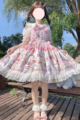 Robe Jsk Sweet Lolita en dentelle avec nœud à volants et imprimé d'ours en peluche rose et de poupée